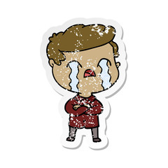 distressed sticker of a cartoon man crying