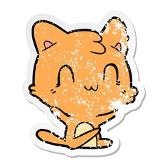 distressed sticker of a cartoon happy cat
