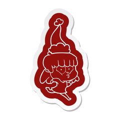 cartoon icon of a whistling girl wearing santa hat