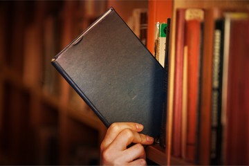 Hand holds book law book legal system library law library research