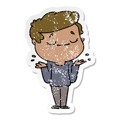 distressed sticker of a cartoon peaceful man shrugging