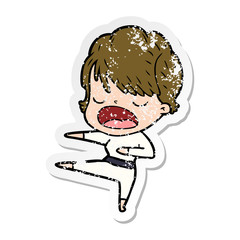 distressed sticker of a cartoon woman talking