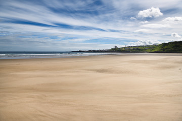 View of MacDuff village from Banff over River Deveran wide sand beach at Banff Bay Moray Firth Aberdeenshire Scotland UK