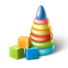 3d realistic vector icon set of baby plastic toys, cubes and colorful stacker.