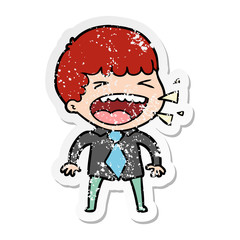 distressed sticker of a cartoon laughing man