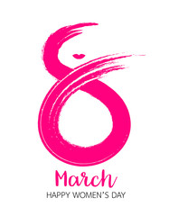8 March, International Women's Day. Greeting card . Pink figure eight, brushstroke style. Vector illustration isolated on white background.