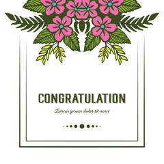 Vector illustration frame of pink flower and leaves in bloom for write congratulation hand drawn