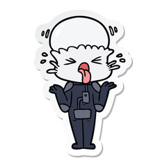 sticker of a weird cartoon alien shrugging shoulders