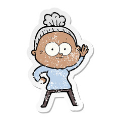 distressed sticker of a cartoon happy old woman