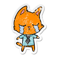 distressed sticker of a crying cartoon office worker cat