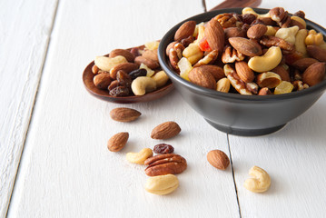 Mix nuts and dried fruits background and wallpaper. Seen from side view of mix nuts and dried fruits in the black bowl and wood spoon decorated with some nuts on the white wood in background.