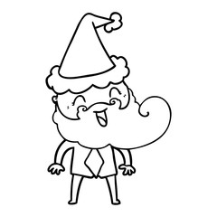 hand drawn line drawing of a happy bearded man wearing santa hat