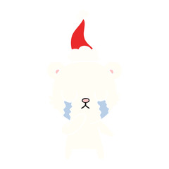 crying polar bear flat color illustration of a wearing santa hat