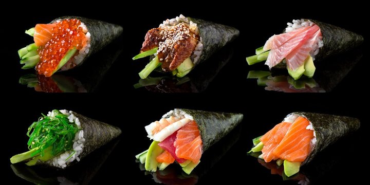 Set of temaki sushi from salmon, tuna, shrimp, caviar, smoked eel, sea bass, chukka on black background. Traditional Japanese cuisine