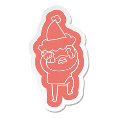 cartoon  sticker of a bearded man crying and stamping foot wearing santa hat