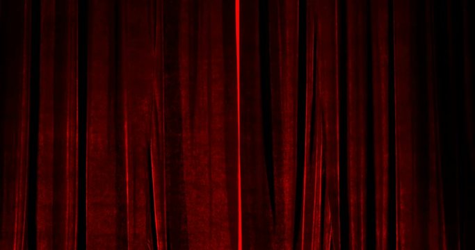 Real Velvet Cloth Stage Cinematic red silk Curtain open footage. Curtain For theater, opera, stage scenes. This opening curtain are shooted on Red Camera - slow motion. Real Cinematic Curtain.