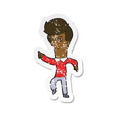 retro distressed sticker of a cartoon man accusing