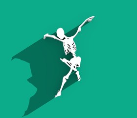 Human skeleton jump. 3D rendering. Halloween party design template. Web icon with long shadow