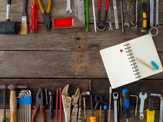 set of tools and instruments on wooden background