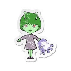 retro distressed sticker of a cartoon alien woman