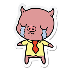 sticker of a cartoon pig crying wearing shirt and tie