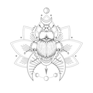 Vector illustration with hand drawn scarab and Sacred symbol on white background. Abstract mystic sign.