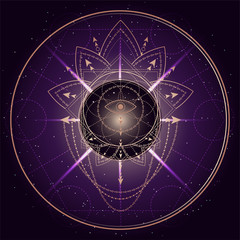 Vector illustration of mystic symbol Lotus on abstract background. Geometric sign drawn in lines. Golden and purple color.