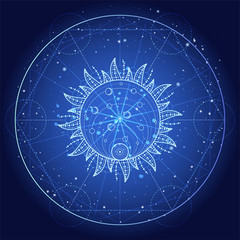 Vector illustration of Sacred or mystic symbol on abstract background. Geometric sign drawn in lines. Blue color.