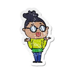 distressed sticker of a cartoon confused woman wearing spectacles