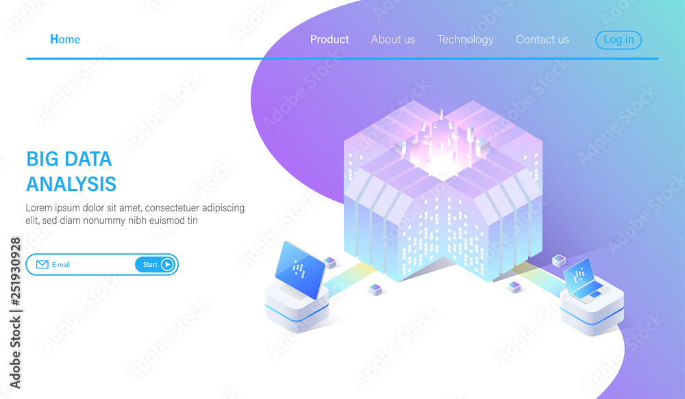 Poster big data isometric vector illustration. abstract 3d hosting server or data center room background