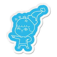cartoon  sticker of a amazed boy wearing santa hat