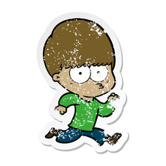distressed sticker of a nervous cartoon boy