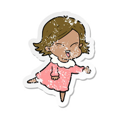 distressed sticker of a happy cartoon girl