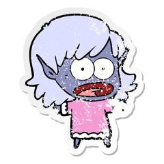 distressed sticker of a cartoon shocked elf girl