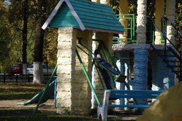 Playground, house, swing, bench