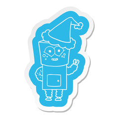 happy cartoon  sticker of a robot waving hello wearing santa hat