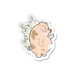 retro distressed sticker of a cartoon fat smelly pig