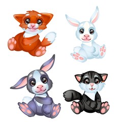 A set of cute little furry animated animals isolated on white background. Vector cartoon close-up illustration.