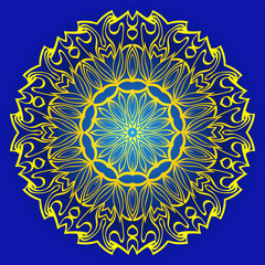 Decorative Round Ornament Mandala From Floral Elements. Vector Illustration. Oriental Pattern. Indian, Moroccan, Mystic, Ottoman Motifs. Anti-Stress Therapy Pattern. Blue, yellow color