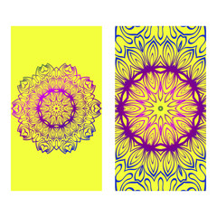 Floral Banners. Ethnic Mandala Ornament. Vector Illustration. For Greeting Card, Coloring Book, Invitation Print. Purple gradient color on yellow background