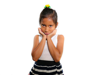 sweet and beautiful 7 years old mixed ethnicity child posing moody and sad feeling depressed and...