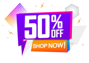 Flash Sale 50% off, speech bubble banner, super offer, mega discount tag design template, app icon, vector illustration