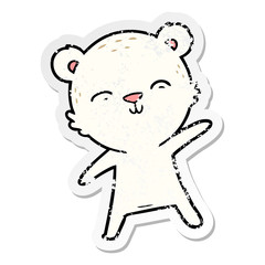 distressed sticker of a happy cartoon polar bear pointing