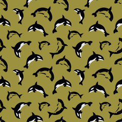 Seamless geometric pattern with swimming orca, whales