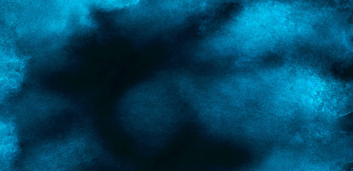 Light blue cosmic neon watercolor background. Paper textured aquarelle deep black canvas for modern creative design. Thunder storm lightning night sky texture multicolor water color paint illustration