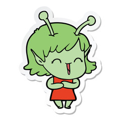 sticker of a cartoon happy alien girl
