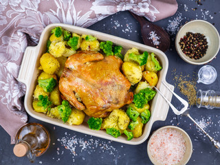 baked chicken with potatoes and broccoli