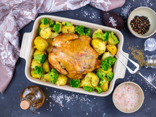 baked chicken with potatoes and broccoli
