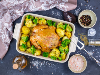 baked chicken with potatoes and broccoli