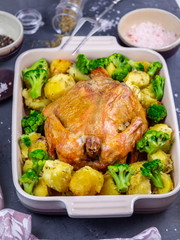baked chicken with potatoes and broccoli